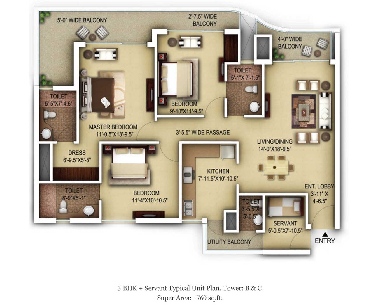 3 BHK + Servant - 1760 SQFT