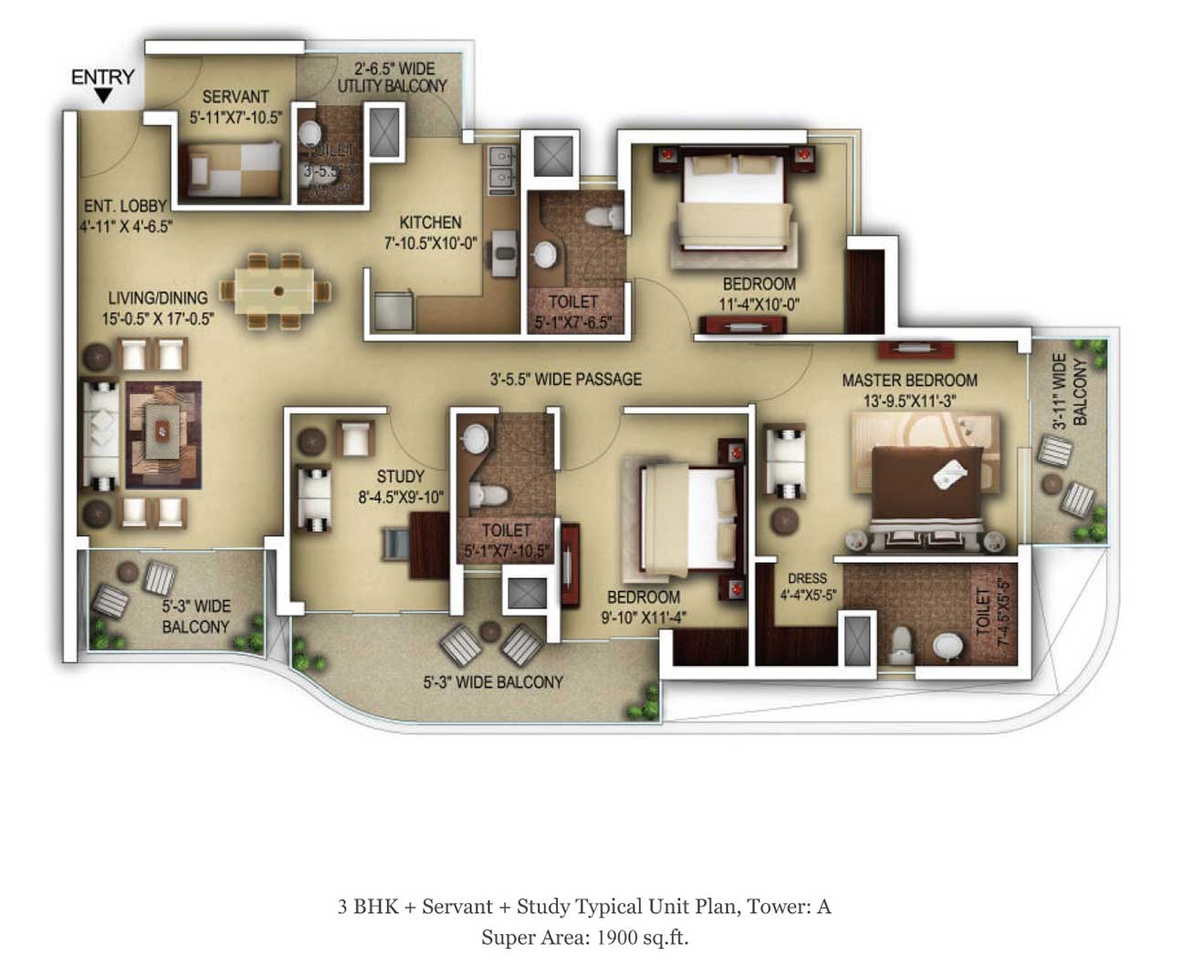 3 BHK + Servant + Study - 1900 SQFT